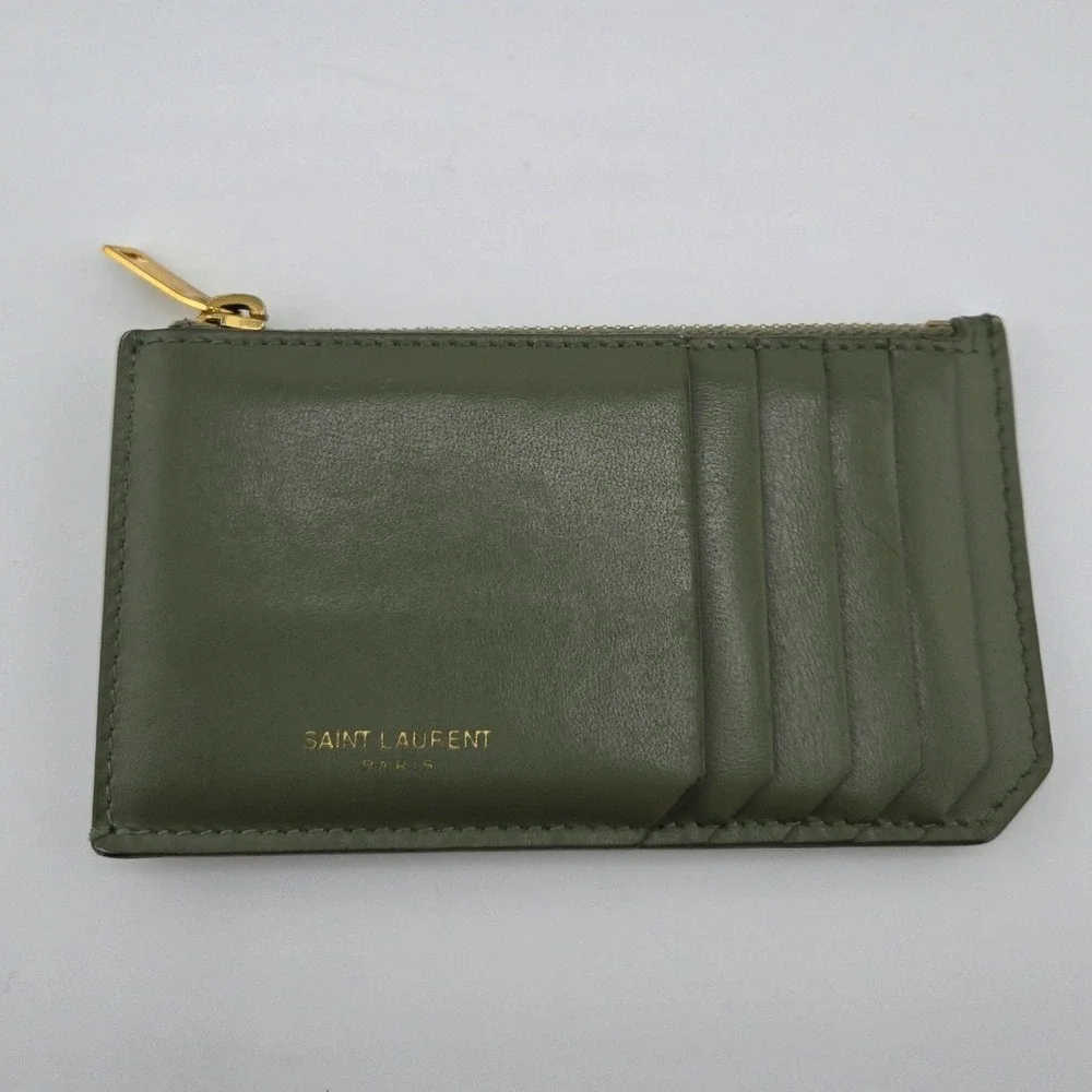 Saint Laurent Fragments Zipped Card Case Sage Green Leather Gold Hardware Italy
